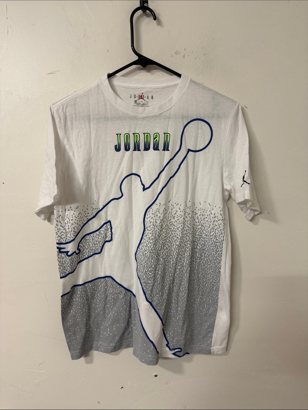 Jordan White Tee with Blue Outline Jumpman and Green Accent